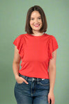 Ribbed Flounce Sleeve Blouse Red