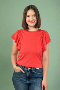Ribbed Flounce Sleeve Blouse Red