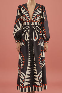 V-Neck Dress with Lantern Sleeves - Black