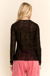 Floral Plaid Velvet Mesh Top - Black