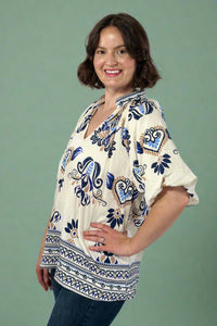 Bubble Sleeve Border Printed Top - Navy