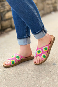 Granny Square Crochet Slides - Pink