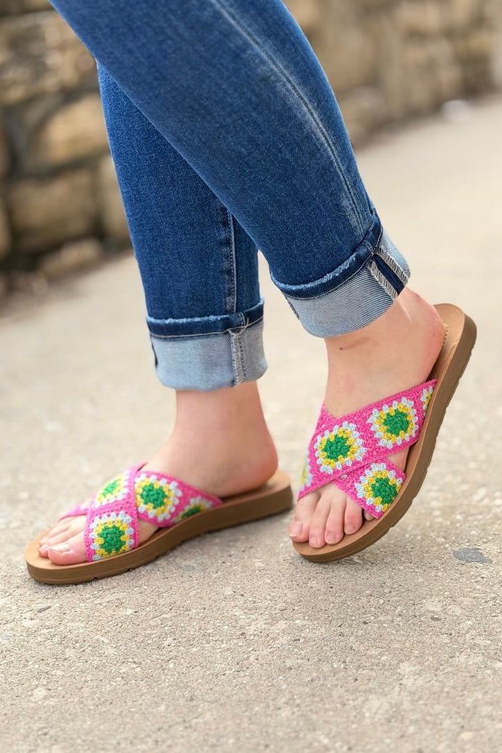 Granny Square Crochet Slides - Pink