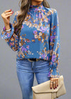 Bright Floral Ruffle Trim Blouse - Blue