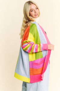 Multi Striped Pockets Loose Fit Open Cardigan
