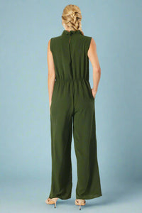 Ruffled V Neck Jumpsuit With Elastic Waistband - Green