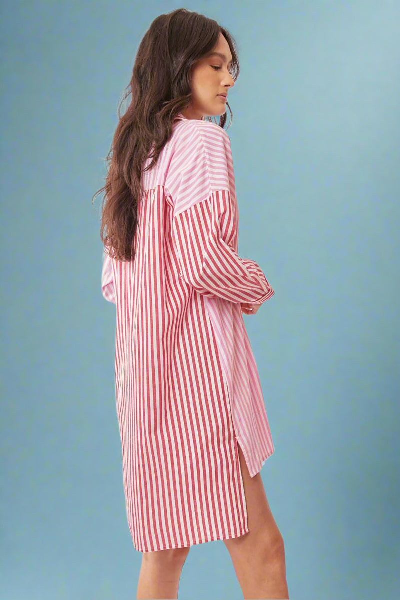Mixed Striped Shirt Dress - Red