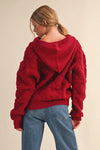 Fuzzy Knit Hoodie Cardigan - Wine