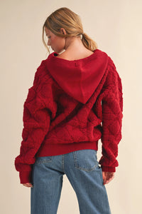 Fuzzy Knit Hoodie Cardigan - Wine