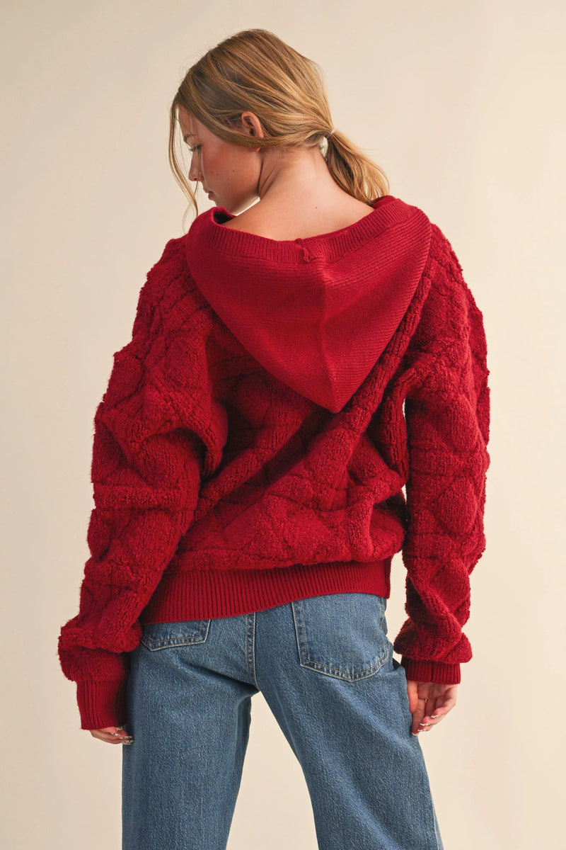 Fuzzy Knit Hoodie Cardigan - Wine