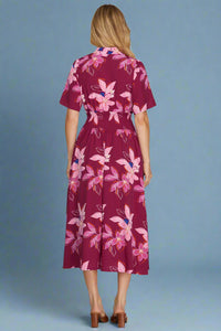 Floral Zip Front Midi Dress - Maroon