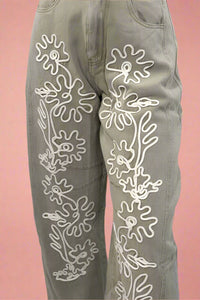 Floral Embroidered Barrel Pants - Sage