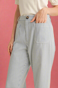 Striped High Waist Cropped Pants - Blue