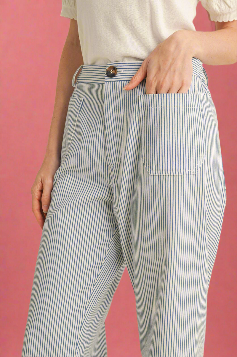 Striped High Waist Cropped Pants - Blue