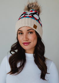 Beige & Red Penguin Patterned Pom Hat