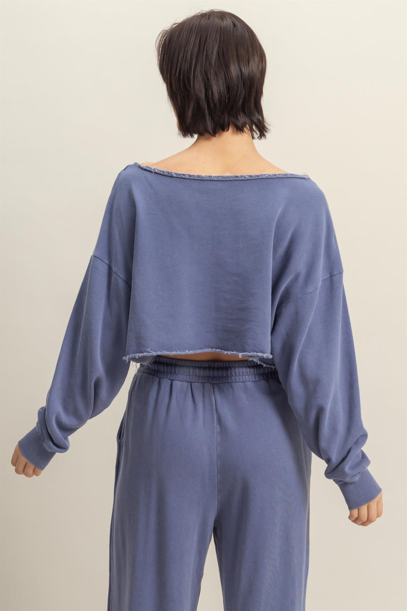 Frayed Long Sleeve Crop Top - Dark Night