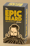 An image of The Epic Beard Game. Includes cards, chips, and beards. For 8 years+.