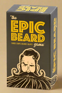 An image of The Epic Beard Game. Includes cards, chips, and beards. For 8 years+.