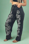 Floral Embroidered Barrel Pants - Black