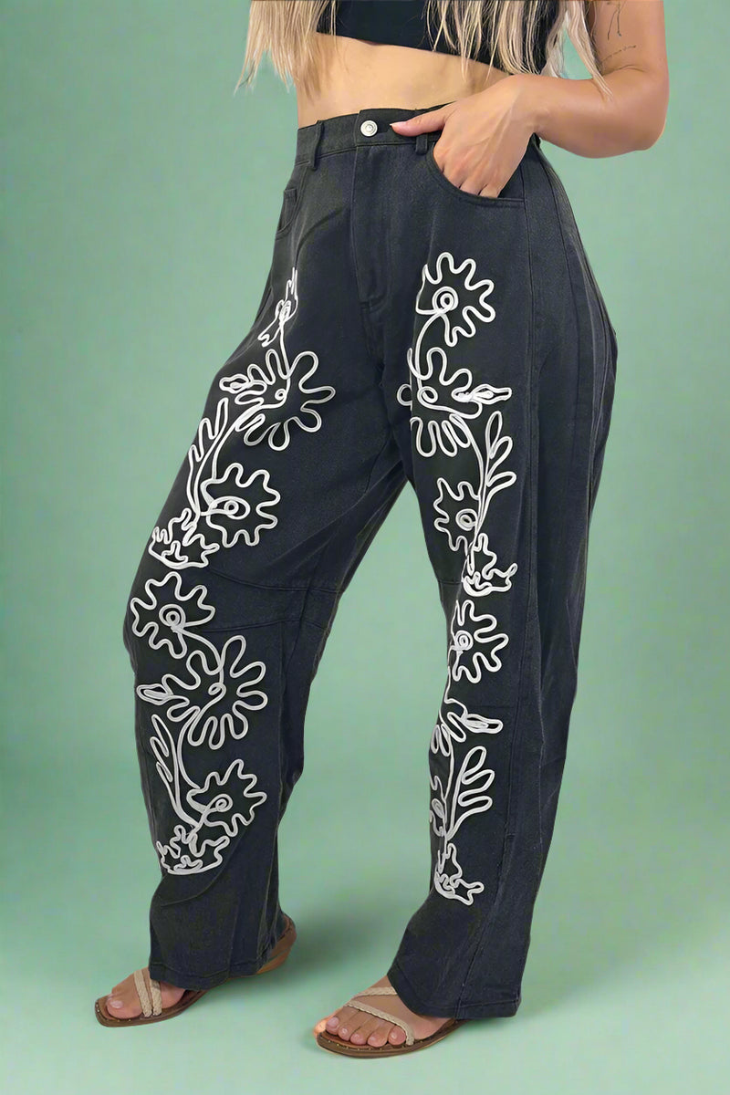 Floral Embroidered Barrel Pants - Black