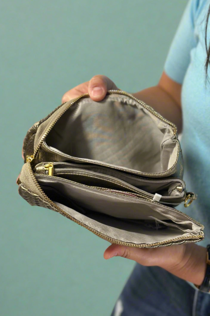 Woven Three Compartment Crossbody Bag - Pewter