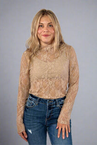 Floral Lace Long Sleeve Top - Mocha