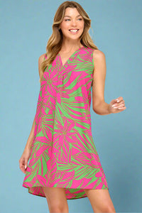 Printed Woven V-Neck Shift Dress - Green