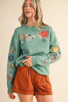 Floral Embroidery Sweater - Green