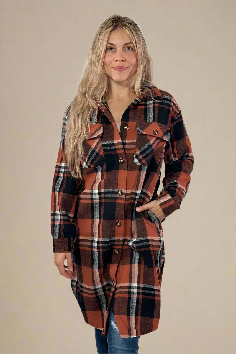 Rust, Black & Cream Plaid Long Flannel