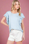 Stripe Ruffle Sleeve T-Shirt - Sky Blue