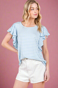 Stripe Ruffle Sleeve T-Shirt - Sky Blue