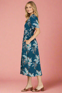 Floral Zip Front Midi Dress - Blue
