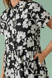 Poplin Print Midi Shirt Dress - Black