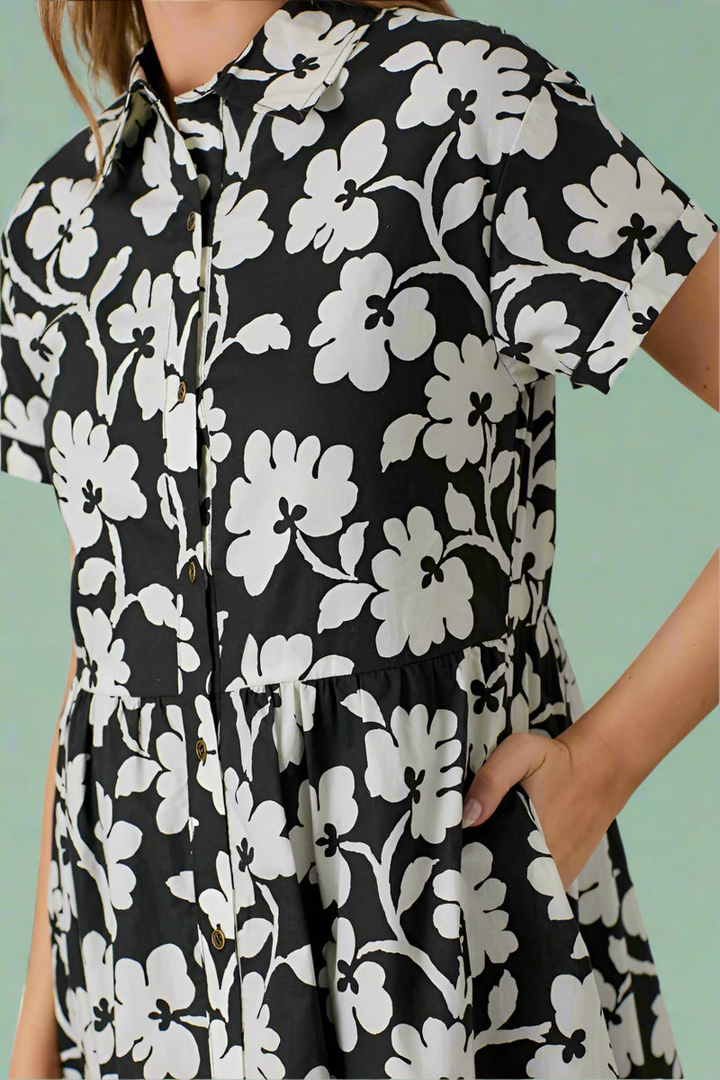 Poplin Print Midi Shirt Dress - Black