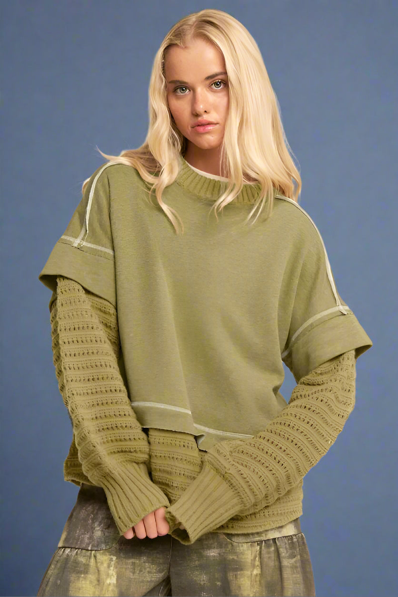 Chunky Layered Ribbed Knit Sweater - Olive