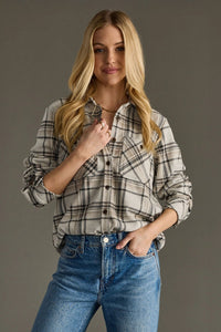 Taupe, Black & Tan Plaid Button Up