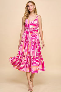 Printed Adjustable Spaghetti Straps Midi Dress Pink