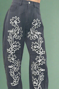 Floral Embroidered Barrel Pants - Black