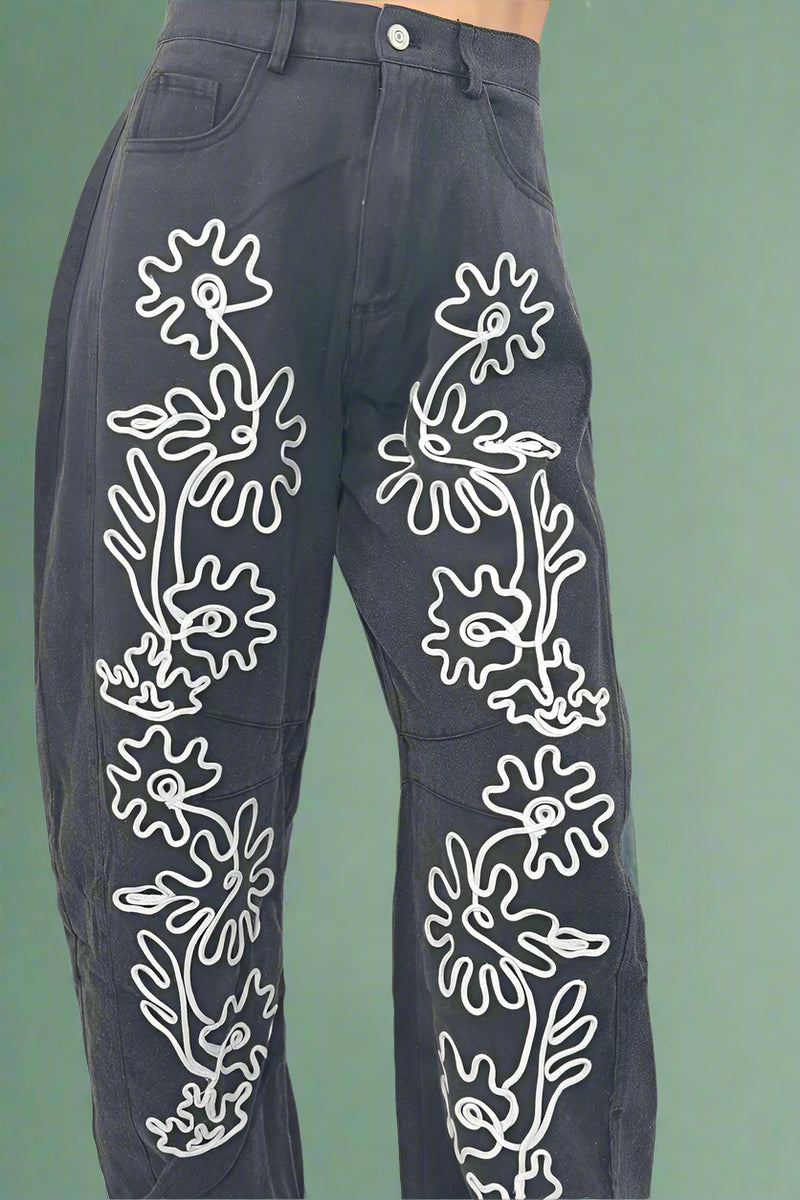 Floral Embroidered Barrel Pants - Black