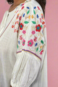 Linen Embroidered Boxy Top - Off White