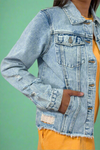 Distressed Raw Hem Buttons Denim Jacket