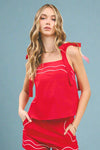 Piped Square Neck Self Tie Top - Red