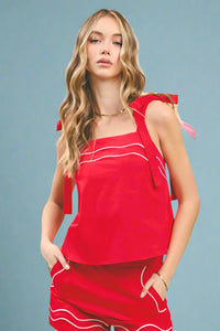 Piped Square Neck Self Tie Top - Red