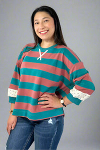 Floral Contrast Striped Top - Teal