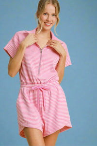Striped Half Zip Romper - Pink