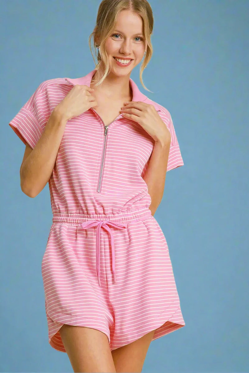 Striped Half Zip Romper - Pink