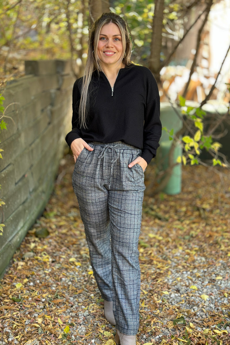 Plaid Elastic Waist Pants Grey