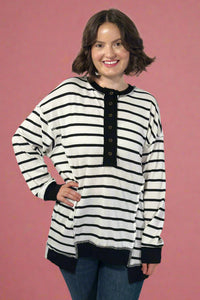 Oversized Striped Button Top - Ivory