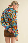 Heart Pattern Pullover Sweater - Blue