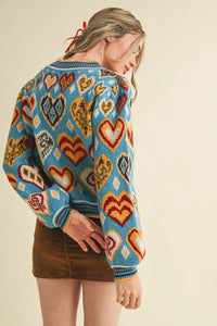 Heart Pattern Pullover Sweater - Blue